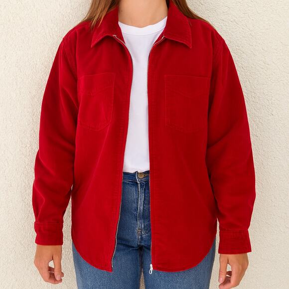 Vintage 90s SOHO Compagnie Red Zip Up Soft Cotton Shirt Jacket Women’s Large - Picture 1 of 8